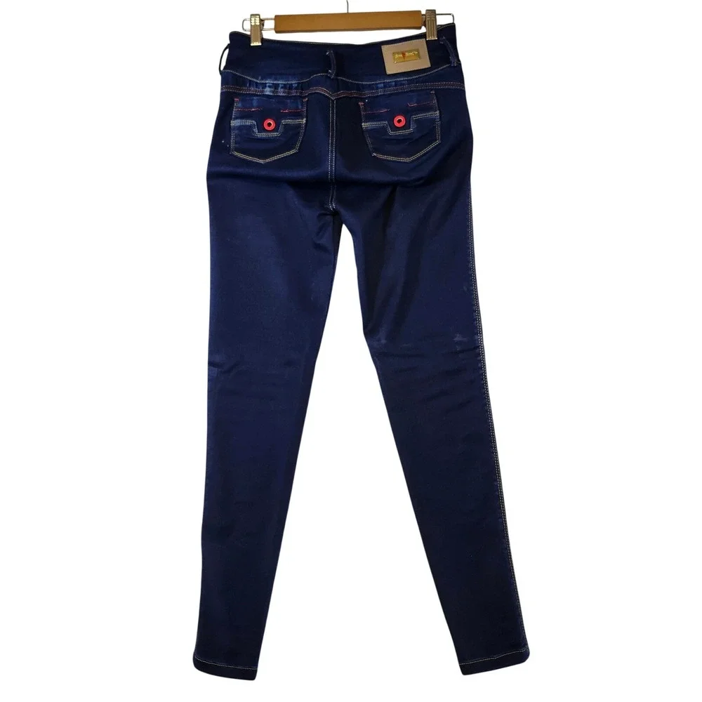 Bon Bon Up Womens High Rise Skinny Jeans Dark Wash Red Button Accents Indigo - Picture 2 of 14